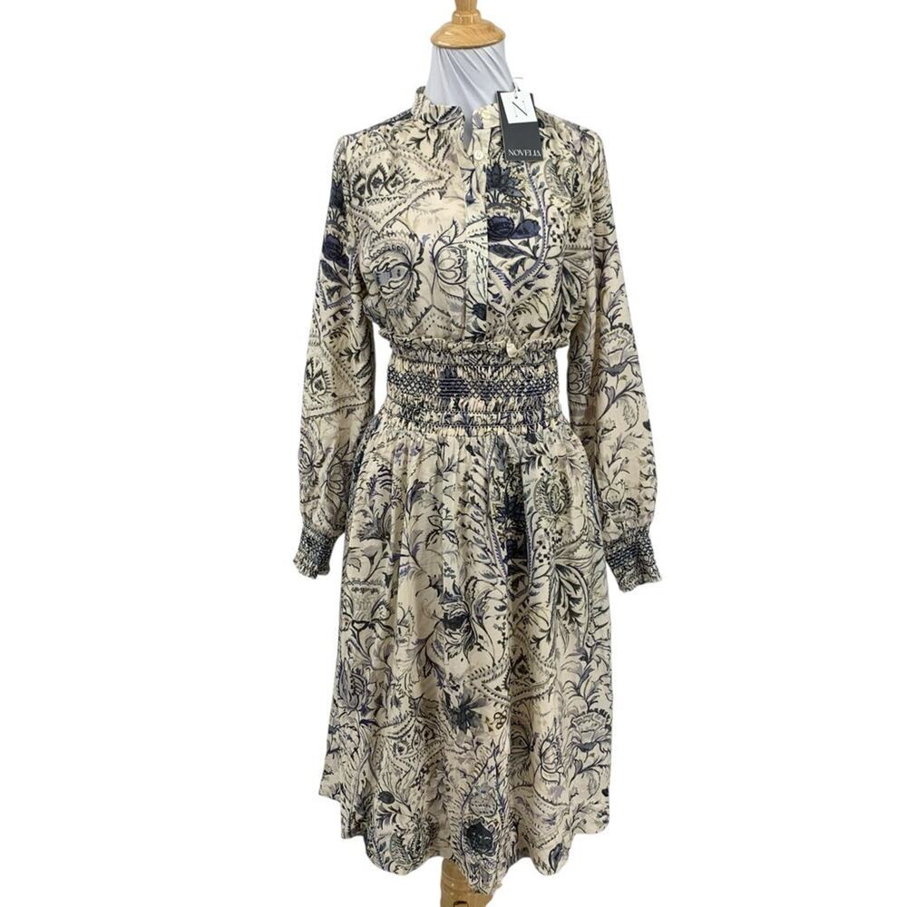 Novella Dress Womens L Large Bose Floral Print Smocked Waist Half Button Midi